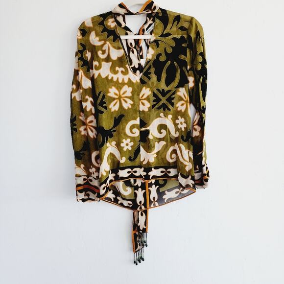 Zara Olive Green Printed Long Sleeve Top Neck Tie with Beading Size Small - Picture 6 of 12